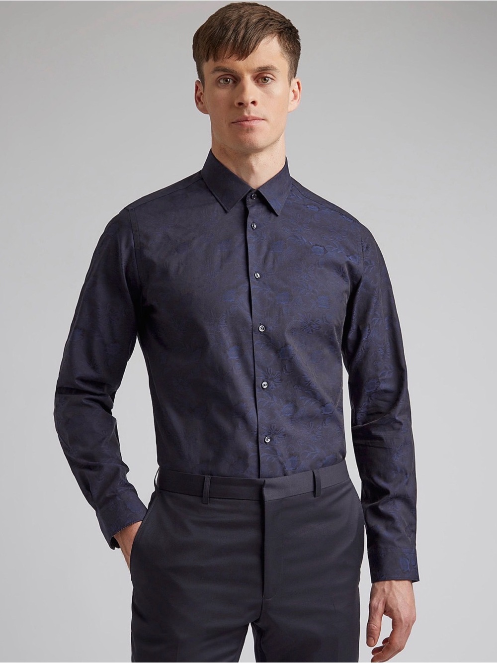 Ted Baker Dark Navy Floral Jacquard Dress Shirt